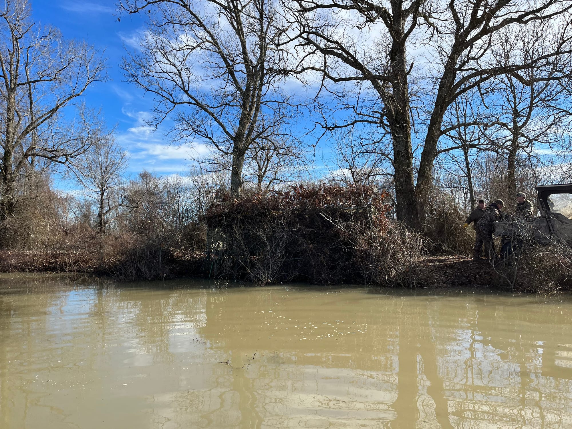 Skid blind in the field — portable steel duck blind ready for hunting